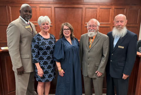 Pictured is the Hart County Board of Education, a Georgia School Boards Association 2023 Exemplary School Board. Pictured, from left to right, are Vice Chair Lonnie Robinson, District 2 Representative Henley Cleary, Chair Kim Pierce, District 4 Representative Richard Sutherland, and District 5 Representative Dennis Dowell.