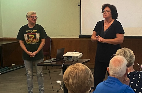 HCCT’s Lani Sessions (left ) and Sarah Martell address retired educators  