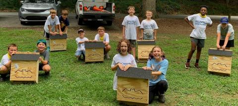 Scouts with bat houses built for a Wildlife Viewing Grants project in Watkinsville (Photo by the City of Watkinsville)