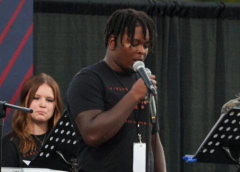 Pictured left is senior football player Trez Fouch as he shares his testimony. 