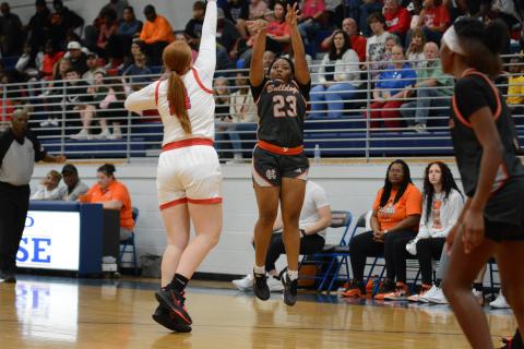 Junior guard TK Smith (23) knocks down three-three pointers in the 62-40 win over Oglethorpe County in a scrimmage game on Nov. 9 in Lexington. The Lady Dogs now prepare to take on Commerce at Franklin County on Nov. 16.