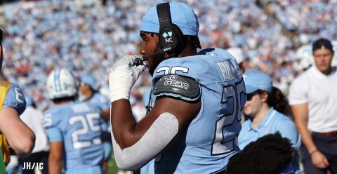 Senior defensive lineman for the Tar Heels of UNC Kaimon Rucker announces his future plans for 2024 via social media. Photo by Jim Hawkins of Inside Carolina