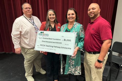 Pictured from left to right are Hart County High School Principal Kevin Gaines, Peach State Federal Credit Union representative Brooke Westbrook, OneHartBeat Foundation Director Bobbie Busha, and Hart College and Career Academy CEO Steve Burton.