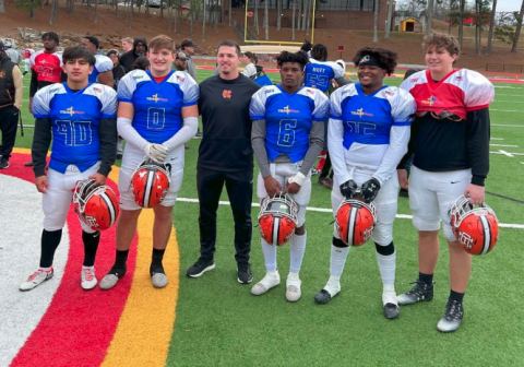 Pictured from left is kicker Axsel Fajardo, tight end Josh Donkersgoed, defensive backs coach Stephen Gomez, running back and saftey Jamir Rucker, defensive end Trez Fouch, and offensive lineman Owen Kesler after the All Athens Area FCA All-Star Game at Clark Central High School.