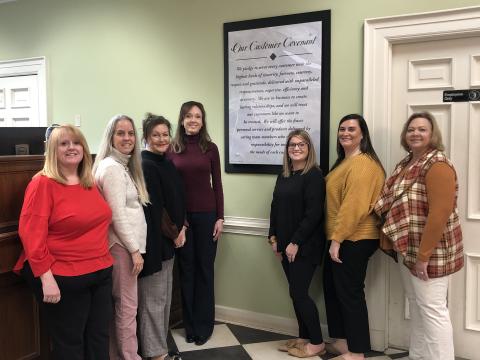 The Synovus team celebrating fifty years in Hartwell. Pictured from left is Branch Service Supervisor Marie Moseley, Licensed Relationship Banker Lynn Baker, Manager Barbara Cronic, Assistant Manager Charity Brock, Senior Teller Brittany Smith, Senior Teller Sara Eaves, and Senior Teller Felicia Peeples