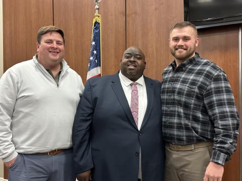 Hartwell City Manager Jon Herschell (left) stands with newly sworn in council members Richard Sheller (center) and Zach Adams (right). Sheller and Adams won their seats in a runoff election Dec. 5. 