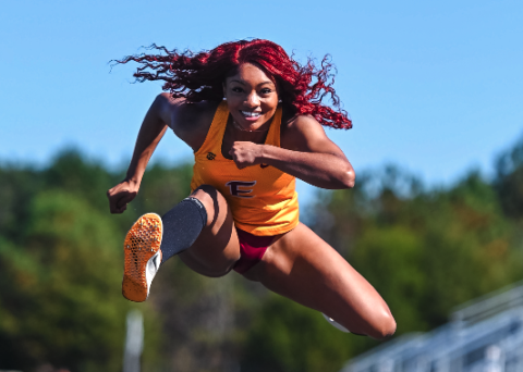 Lions freshman track star Valasha Carter breaks the Emmanuel University school record for triple jump. Photo by Emmanuel University.