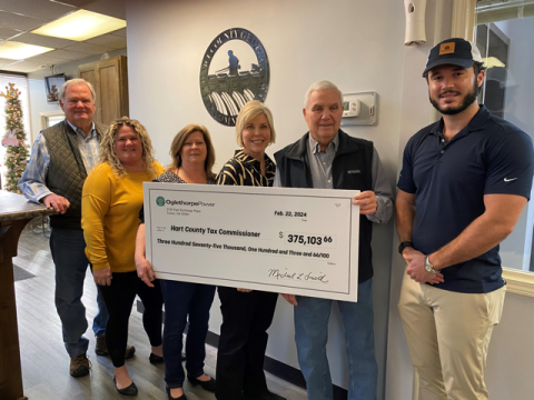 Representatives from Hart EMC and Oglethorpe Power present Oglethorpe Power’s 2023 tax payment to the Hart County Tax Commissioner’s office. Pictured (L-R): Bill Leard, Hart EMC Board of Directors; Nicki Burdette, Chief Deputy, Hart County Tax Commissioner’s Office; Karen Martin, Hart County Tax Commissioner; Angie Brown, Hart EMC Public Relations Director; David Fleming, Hart EMC Board of Directors; and Davis Warnell, Oglethorpe Power Manager of Community & External Affairs.