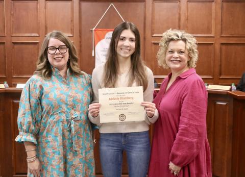 Melody Blomberg (pictured with BOE Chair Kim Pierce and Superintendent Jennifer Carter) was recognized as a Stellar Performer for being Technology Student Association (TSA) state reporter.