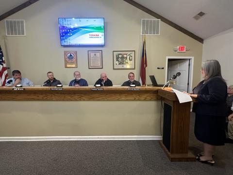 County attorney Kim Higginbotham speaking to the BOC at their Feb. 13 meeting. 