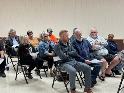 Hart County Commissioners Jeff Brown and Marshall Sayer speak before the Bowersville Town Council Feb. 15.