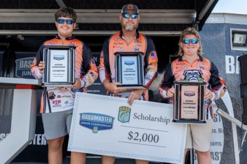 Pictured from left is Luke Schnell, Isaac Temple, and Kale Temple during the Bassmaster Junior National Championship awards ceremony where they were crowned National Champions in July of 2023. 