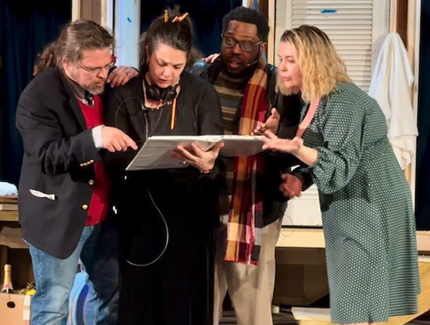 “Noises Off” cast members rehearse before opening night Feb. 23. From left to right: Phillip Hiott, Christina Tucker, Rickey Leware, and Elizabeth Murphy.