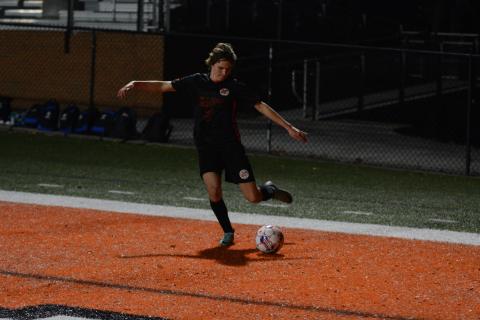 Pictured is sophomore midfielder Trey Mantooth looks to cross the ball into the 18-yard box.