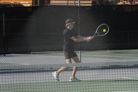 Junior Ayden Mercer captures back-to-back wins at No. 3 singles against Hebron Christian on March 7 and Oconee County on March 12.
