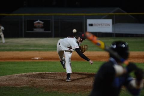 Senior pitcher Brent Franklin tossed five innings allowing one hit, three runs, one earned run, seven walks, struck out five, and picked up his first win of the season on the bump for the Dogs in the 7-3 win over the Banks County.