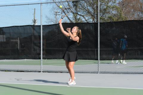 Seniors Dakota Phillips (pictured) and Hannah Harris end their career with the Racket Dogs after a 3-0 loss in the region tournament at Oconee County on April 10.
