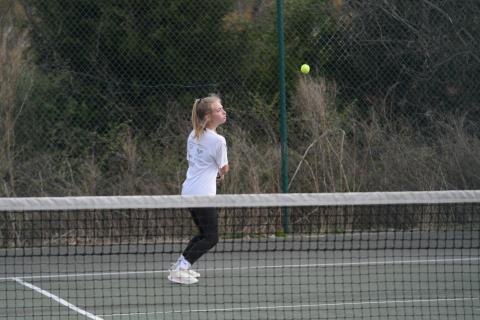 Pictured is Hannah Harris as her and Aubrey Alewine picked up the 6-0, 6-1 win at No. 1 doubles in the 4-1 win over the Lady Lions of Franklin County on March 27 in Carnesville. 