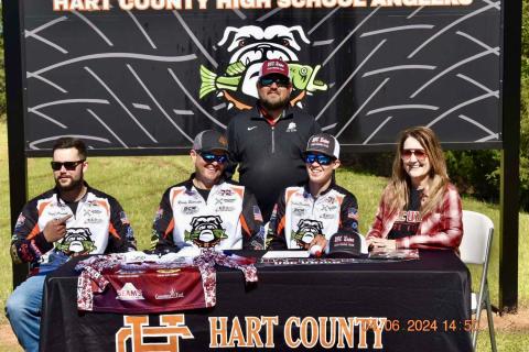 Pictured from left is HCHS Anglers coach Hutch Arrowood, Randy Bannister, USC-Union head coach Cameron Coone, Landon Bannister, and Carla Bannister.