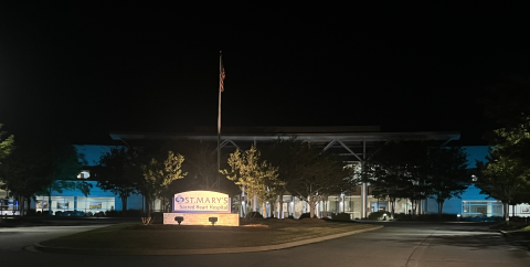 St. Mary’s Sacred Heart Hospital is lit up in teal in observance of Sexual Assault Awareness Month in April. 