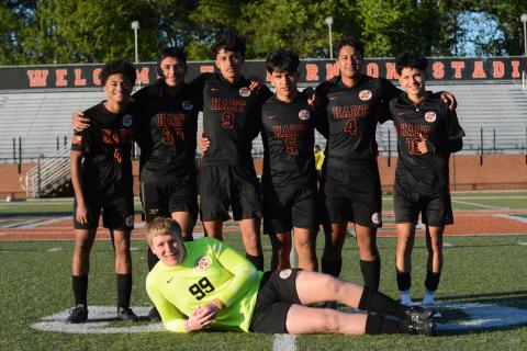 Pictured is the boys soccer senior class. On the front row is goalkeeper Ayden Thomason. On the back row from left is forward Ca’Marion Marshall, midfielder Marvin Barrientos, defender Alexander Pantoja-Linares, forward Axsel Fajardo, midfielder Fabian Rodriguez Escobedo, and forward Luis Genchi at senior night against Washington-Wilkes on April 12.