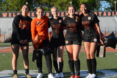 Pictured is the girls soccer senior class. From left is goalkeeper Gelsey Aguilar, goalkeeper Caitlynn Clark, forward Chloe Bennett, midfielder Abigail Luney, and midfielder Aleesha Heaton.