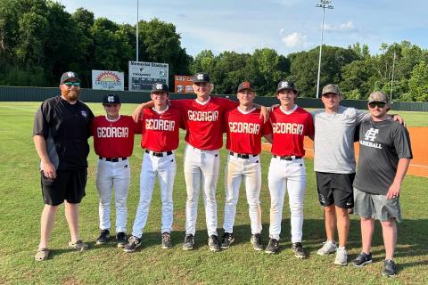 Pictured is the Hart County High School Diamond Dogs that were represented at the 2024 FCA Baseball Classic at Anderson Memorial Stadium on May 23. From left is assistant coach Leeland Jones, Hunter King, Will Pittman, Brent Franklin, Kanyon Coulter, Zach Dombrowsky, head coach Hunter Barton, and assistant coach Brett Carey.