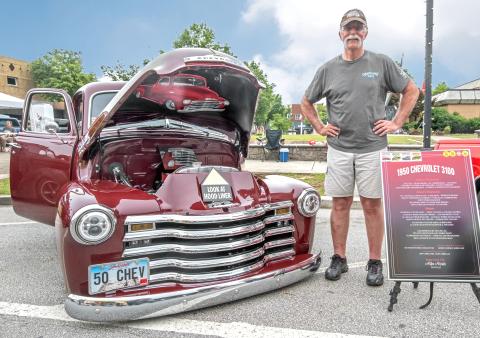 Mike Momb from Sisseton, SD with his 1950 Chevrolet 3100 custom pickup truck. Mike has been traveling to car shows for the past few months and has shown in 14 states. He came to Hartwell from a show in Maggie Valley and was leaving after Cars & Guitars to attend a show in Greenville, SC. Mike plans to continue traveling to car shows during the summer.  