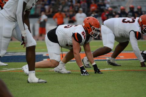 Junior Hunter Dutton lines up on the defensive line and awaits the snap during the 2024 Spring Game on May 17.