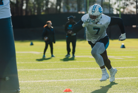 UNC defensive end Kaimon Rucker gearing up for his final season with the Tar Heels at a spring practice. 
