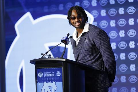 Pictured is former Hart County and current UNC defensive end Kaimon Rucker speaking at ACC Kickoff on July 18. Photo by the Atlantic Coast Conference.