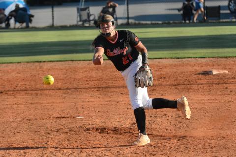 Sophomore pitcher Chesnee Strickland delivers a pitch during a summer league softball game against Commerce.