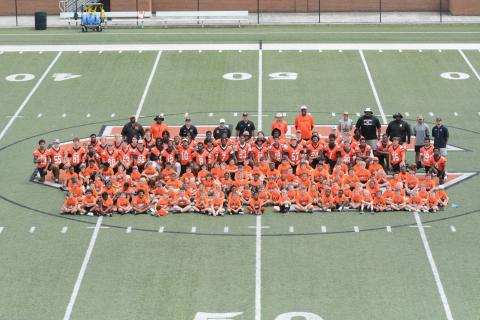 Pictured is all of the campers, high school players and coaches at the annual Little Bulldogs Kids Football Camp July 19.