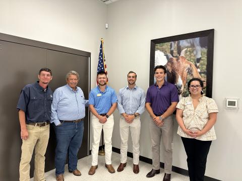 Distinguished guests pose during the Northeast Georgia Ag Update July 16 at the Hart County Agriscience Center (from left to right):  Brian Fleming, PTL Agriculture LLC; Alan Powell, Georgia State Representative District 33; Luke Hetland, North Georgia Field Director Office of Lieutenant Governor Burt Jones; Ben Parker, Georgia Farm Bureau National Affairs Coordinator; Adam Belflower, Georgia Farm Bureau Governmental Affairs Specialist; Rosanna Cruz-Bibb, UGA Archway Partnership