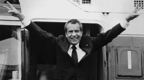Our 37th president Richard Nixon waving goodbye to Washington, D.C. on August 8, 1974, the day he was forced to resign due to the Watergate scandal. 