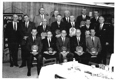 Taken around 1950, a year after receiving its charter, are the founding members of the Hartwell Kiwanis Club. The club will celebrate its 75th anniversary on Aug. 29 at Casa Grande. 