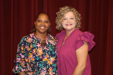 Pictured on left is the 2024-2025 Hart County Charter System Teacher of the Year, Mrs. Bridget Hill, a third-grade teacher at Hartwell Elementary School, alongside Superintendent Jennifer Carter, on right, after the district’s Convocation on July 29, 2024.