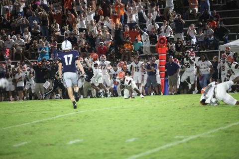 Senior cornerback Andre Austin (9) intercepts the pass in the 17-7 win over Elbert County on Aug. 16. Photo by Mark Wells/The Elberton Star