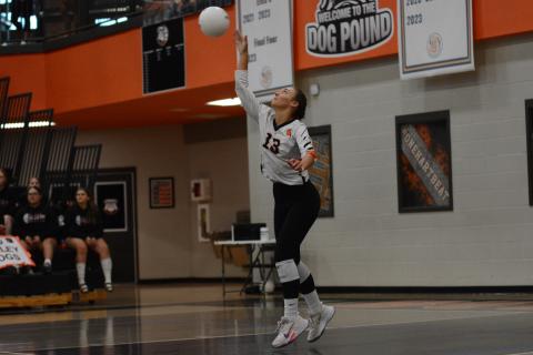 Junior Ashlyn Wicker serves in the 3-1 loss to Oglethorpe.