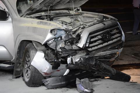 The wreckage of a 2022 Toyota Tacoma following an accident on Reed Creek Hwy. Aug. 15 that sent three people to the hospital. 