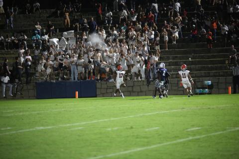 Sophomore quarterback Kurston Curry (17) walks into the end zone after receiving the 37-yard trick play pass from junior wide receiver Devin Blakely to elevate the Dogs to a 17-7 win in the Granite Bowl on Aug. 16. Photo by Mark Wells/The Elberton Star