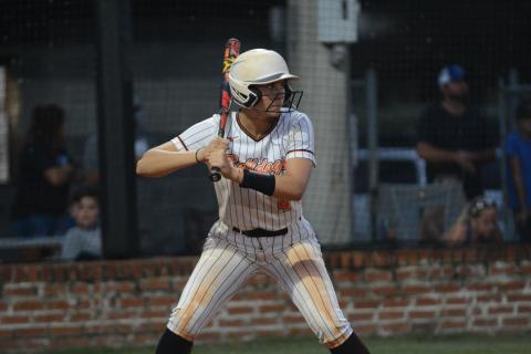 Junior third baseman Madi Bennett awaits the pitch in the 10-0 run-ruled loss against Banks County on Aug. 13. 