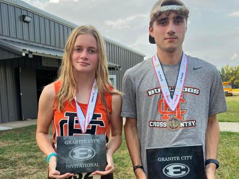 Isla Bell (left) and Nate Harris (right) both placed first overall in the girls and boys race at the Granite City Invitational.