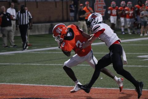 Junior wide receiver CJ Cowins scores twice, once from 55-yards out and the other from 13-yards out, in the 35-14 win over Flowery Branch to improve to 2-2 overall. Photo by Grayson Williams.