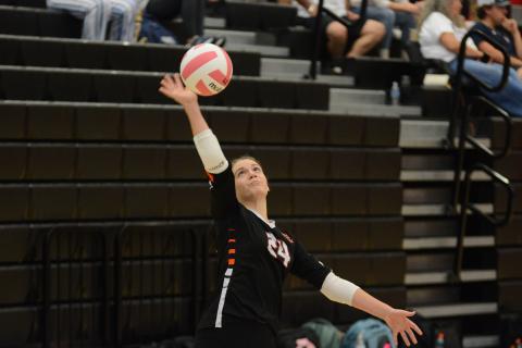 Freshman Coley Phillips serves the ball into play in the 2-0 (25-23 and 27-25) win over Stephens. 