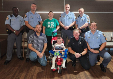 Troopers from Post 52 in Hartwell present Bennett Dornellas with a care package upon his release from the burn center in Augusta. Pictured above (from left to right) Front row: SFC Fleming, Bennett Dornellas, TFC2 Green, and SGT Dean. Back row: TFC2 Anderson, TFC1 Pratz, Chelsea Oliver [Benett’s Mother], CPL Andrews, and CPL Gandy.