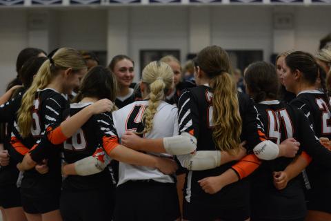 The Volley Dogs huddle up after a set earlier in the season.