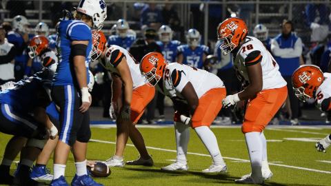 Bulldogs junior defensive tackle Bryce Durrett (73) gets down in his stance during the 19-0 loss at Ringgold. Photo by Greg Gaines. 