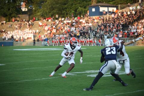 Junior wide receiver CJ Cowins turns up the field after making the catch in the 17-7 win over Elbert County on Aug. 16. Photo by Mark Wells/The Elberton Star