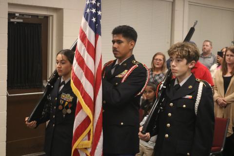 Pictured above (from left to right): HCHS students Melina Sanchez, Eddie Franco, and Caleb Carter present the colors during the BOE’s meeting on Veterans Day.